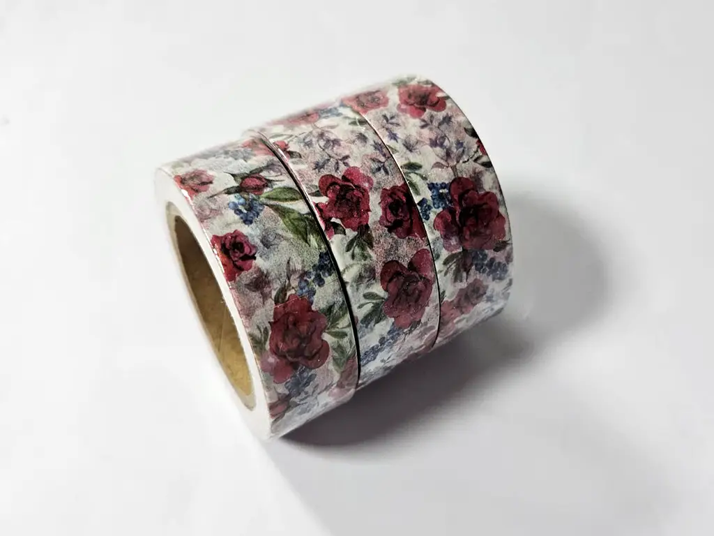 Set 3 role washi tape, bandă adezivă cu flori rosii,15 mmx10 m