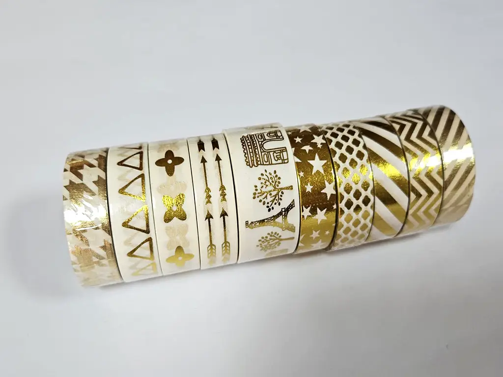 Set 10 role Washi Tape, benzi adezive decorative cu modele auriu metalic