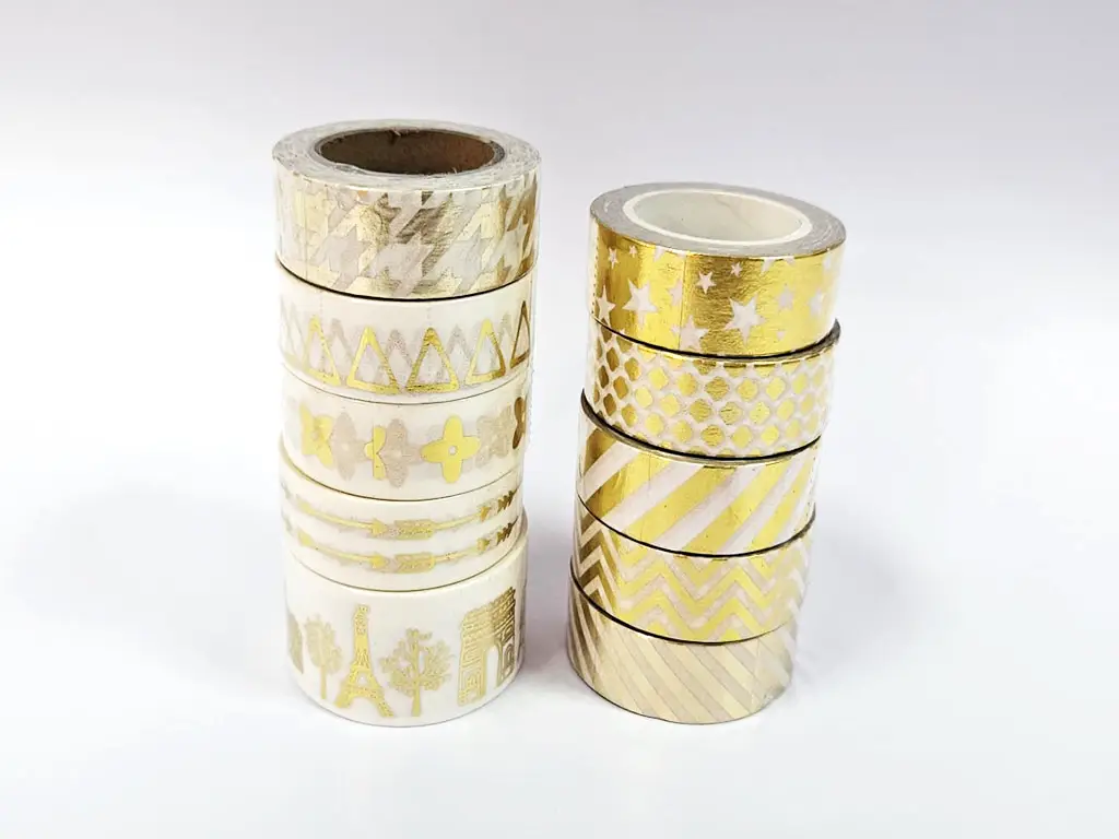 Set 10 role Washi Tape, benzi adezive decorative cu modele auriu metalic